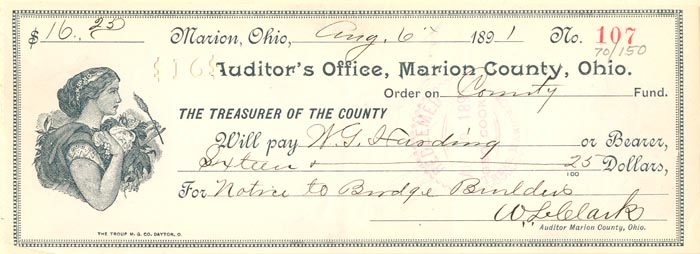 Warren G. Harding signed Check